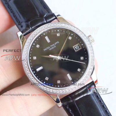 Perfect Replica TW Factory Patek Philippe Calatrava Black Diamond Dial Diamond Bezel 38mm Watches